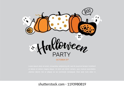 Spooky header or banner with glitter Halloween pumpkins. Poster, banner or background for Trick or Treat Halloween Party with scary pumpkins. vector illustration