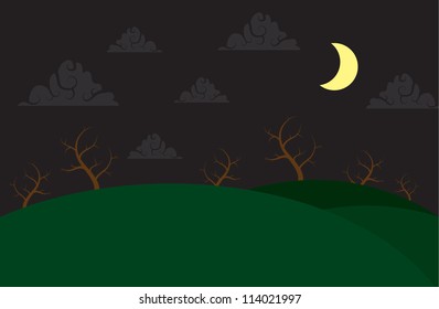 Spooky hill scene with moons and cloud