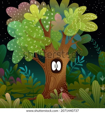 Spooky hollow tree in enchanted forest at night, fantasy fairytale magic landscape cartoon. Kids watercolor style mystery forest illustration. Wallpaper background children vector design.
