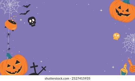 Bandeira Horizontal Assustadora de Halloween. Desenho de Fantasmas, Abóboras, Teias de aranha e outras Decorações Assustadoras. Plano de fundo Com espaço para texto. Vetor