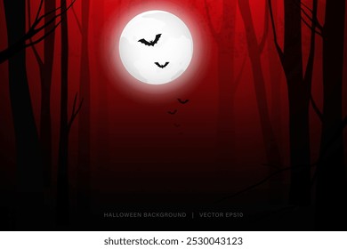 Spooky horror red forest ghostly Halloween night background with glowing full moon and bats flying, vector design