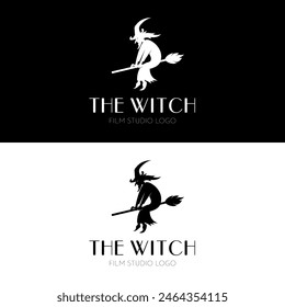 The spooky horror witch logo design film studio in classic silhouette style