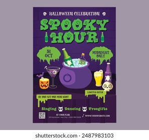 Spooky Hour Flyer. Ghost, spider and spider net in a mystical forest before a black background for square banners, invitation, party flyers.