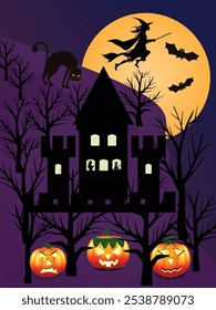 Spooky house, black cat, pumpkins, witch, bats and moon velvet illustration on october seasonal holidays