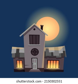 Spooky house. Dark scary house in night. Horror nightmare on moonlight illustration. Creepy building isolated on dark background