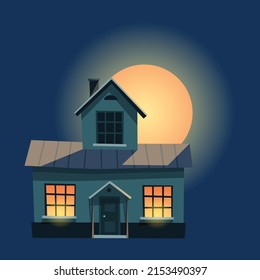 Spooky house. Dark scary house in night. Horror nightmare on moonlight illustration. Creepy building isolated on dark background