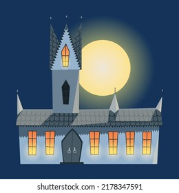 Spooky house. Dark scary house in night. Horror nightmare on moonlight illustration. Creepy building isolated on dark background