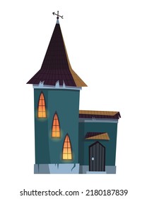 Spooky House. Dark Scary House In Night. Horror Nightmare Illustration. Creepy Building Isolated On White Background