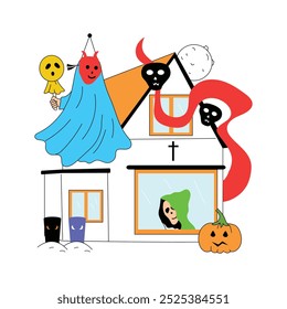 Spooky house filled with ghosts, a haunted tree, and Halloween decorations