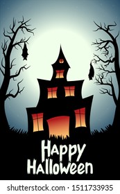 Spooky house in the forest with dead treas. haunted house staying in the moonlight. Bats are sleeping on tree branches. Big scary castle with evil light inside it. Halloween greeting card.