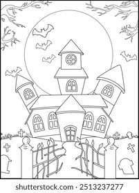 Spooky house Halloween coloring page for kids.