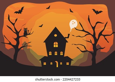 A spooky house in the middle of a valley, with a dry trees and bats flying over it. And a black cat sits on a branch.