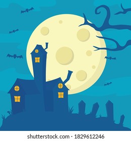 Spooky house on Halloween night. The scary atmosphere in October during Halloween in blue. Creepy night at the cemetery that contains the house