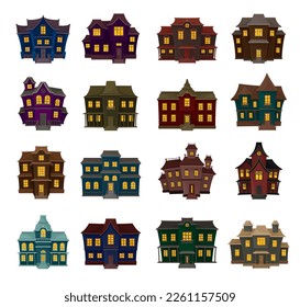 Spooky house set. Haunted creepy building, Halloween symbols cartoon vector illustration
