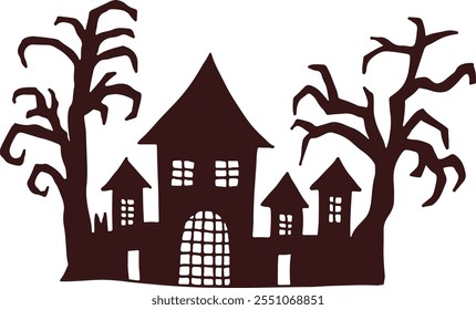 Spooky house silhouette. Crooked trees halloween decoration