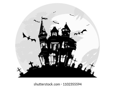 Spooky house with tombstones on the background of a full moon. Flat vector.