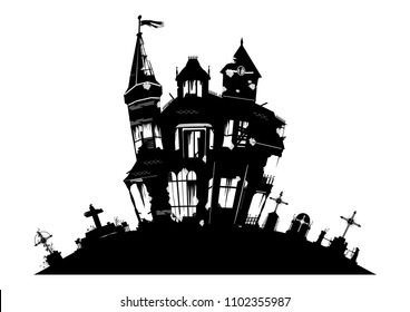 Spooky house with tombstones on the white background. Flat vector.