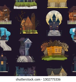 Spooky house vector haunted castle with dark scary horror nightmare on halloween moonlight mystery illustration nightly set of creepy building background pattern