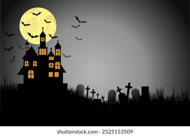 Spooky house white and black Silhouette graveyard background