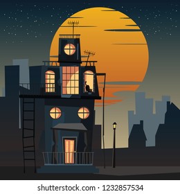 spooky housed and cat at night vector illustration 