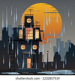 spooky housed in rainy day vector illustration 