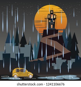 spooky housed in rainy day vector illustration