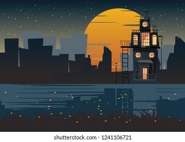 spooky housed at riverside vector illustration
