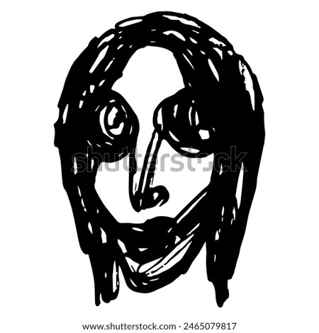 Spooky human face. Hand drawn linear doodle rough sketch. Black and white silhouette. Head of a mysterious smiling woman.