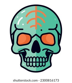 Spooky human skull over white