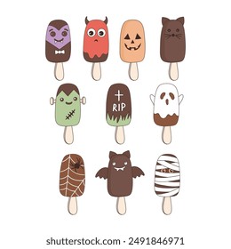 Spooky ice cream vector clip-art set isolated on white. Halloween ice cream illustration 