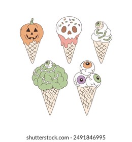 Spooky ice cream vector clip-art set isolated on white. Halloween ice cream illustration 