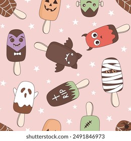 Spooky ice cream vector seamless pattern. Halloween treats background.