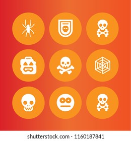 spooky icon. 9 spooky set with death skull and bones, skull, creepy and human skull vector icons for web and mobile app