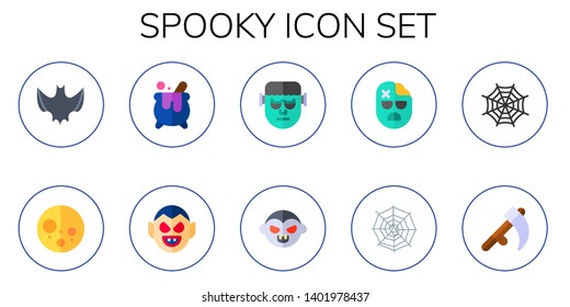 spooky icon set. 10 flat spooky icons.  Simple modern icons about  - bat, full moon, cauldron, dracula, frankenstein, vampire, zombie, spider web, scythe