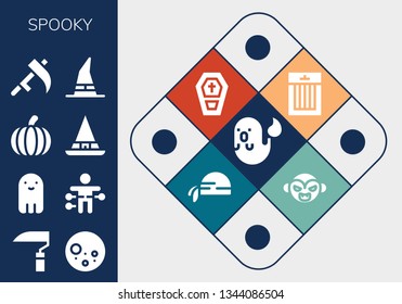 spooky icon set. 13 filled spooky icons.  Collection Of - Ghost, Scythe, Full moon, Voodoo doll, Pumpkin, Witch, Treats, Coffin, Pirate scarf, Vampire