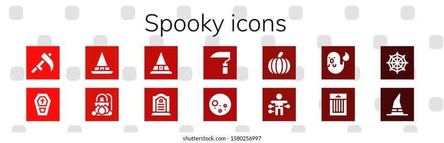 spooky icon set. 14 filled spooky icons.  Collection Of - Scythe, Coffin, Witch, Cauldron, Tombstone, Full moon, Pumpkin, Voodoo doll, Ghost, Treats, Spider web icons