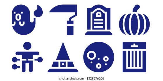 spooky icon set. 8 filled spooky icons.  Collection Of - Voodoo doll, Ghost, Witch, Scythe, Full moon, Tombstone, Treats, Pumpkin