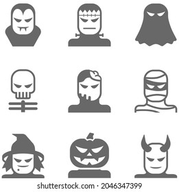 Un espeluznante conjunto de monstruos clásicos de Halloween: Drácula, Frankenstein, Ghost, Skeleton, Zombie, Mami, Bruja, Jack o Lantern, y Diablo. Perfecto para los motivos, los nombres, la decoración de las fiestas y mucho más.