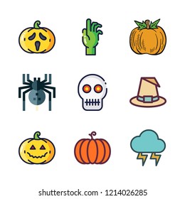 spooky icon set. vector set about pumpkin, thunder, skull and spider icons set.