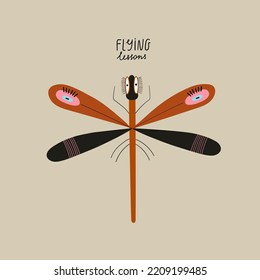 Spooky illustration with cartoon creepy dragonfly. Happy Halloween card, sticker or t-shirt design.