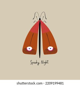 Spooky illustration with cartoon moth. Happy Halloween card, sticker or t-shirt design.