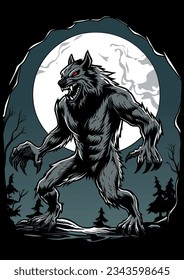 Spooky illustration of fierce werewolf in the forest at night.