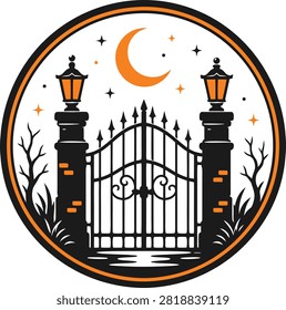 Spooky iron gate with pillars moon and lanterns in round frame