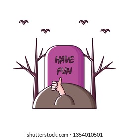 Spooky isolated grave thumb up hand, trees and birds. Sticker, patch, badge, pin or tattoo. White background. Flat linear style illustration. Vector.