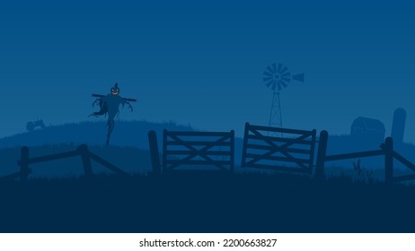 Espantado espantapájaros Jack O Lantern en el fondo de la granja nocturna, vector de ilustración conceptual de Halloween.