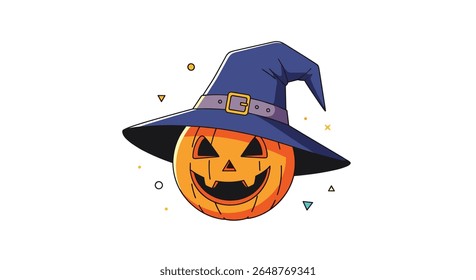 Spooky jack o lantern wearing a witch hat ready for halloween trick or treating fun