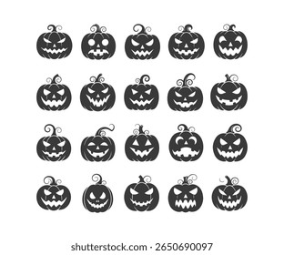 Spooky Jack-o'-Lantern Black Silhouette Icons, Halloween Pumpkin Set