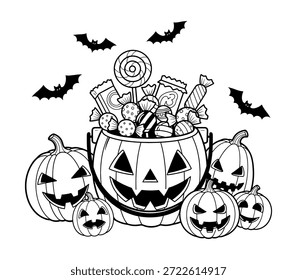 Cubo de Jack-o'-lantern espeluznante lleno de dulces y piruletas rodeado de murciélagos y calabazas.