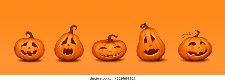 Jack-o-lantern assustador com rostos engraçados ícones de cores realistas definido. Halloween celebração abóboras símbolos 3d caracteres no fundo laranja