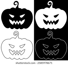 Spooky Jack-O'-Lantern Halloween Icons. Bold  Minimalist Pumpkin Designs. Vector illustration isolated on black and white background.